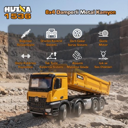 HUINA 1536 1/14 8x4 12CH Profesyonel RC Uzaktan Kumandalı İş Makinesi Metal Damperli Kamyon İnşaat Aracı Dump Truck - Sesli ve Işıklı - Thumbnail