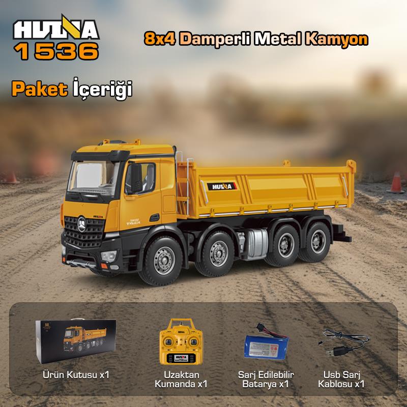 HUINA 1536 1/14 8x4 12CH Profesyonel RC Uzaktan Kumandalı İş Makinesi Metal Damperli Kamyon İnşaat Aracı Dump Truck - Sesli ve Işıklı