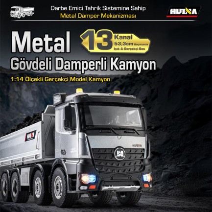 HUINA 1536 PRO 1/14 8x4 13CH Profesyonel RC Uzaktan Kumandalı İş Makinesi Metal Damperli Kamyon İnşaat Aracı Dump Truck - Sesli ve Işıklı - Thumbnail
