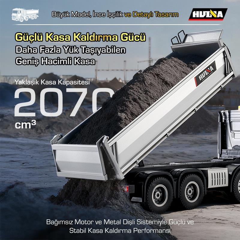 HUINA 1536 PRO 1/14 8x4 13CH Profesyonel RC Uzaktan Kumandalı İş Makinesi Metal Damperli Kamyon İnşaat Aracı Dump Truck - Sesli ve Işıklı