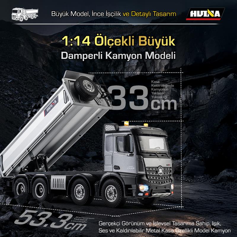 HUINA 1536 PRO 1/14 8x4 13CH Profesyonel RC Uzaktan Kumandalı İş Makinesi Metal Damperli Kamyon İnşaat Aracı Dump Truck - Sesli ve Işıklı