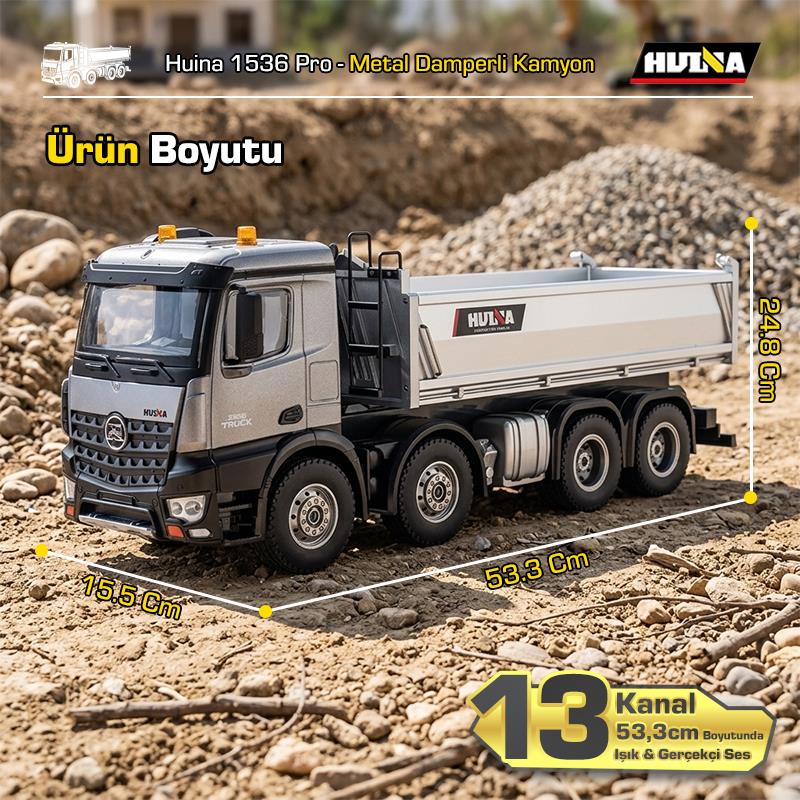 HUINA 1536 PRO 1/14 8x4 13CH Profesyonel RC Uzaktan Kumandalı İş Makinesi Metal Damperli Kamyon İnşaat Aracı Dump Truck - Sesli ve Işıklı