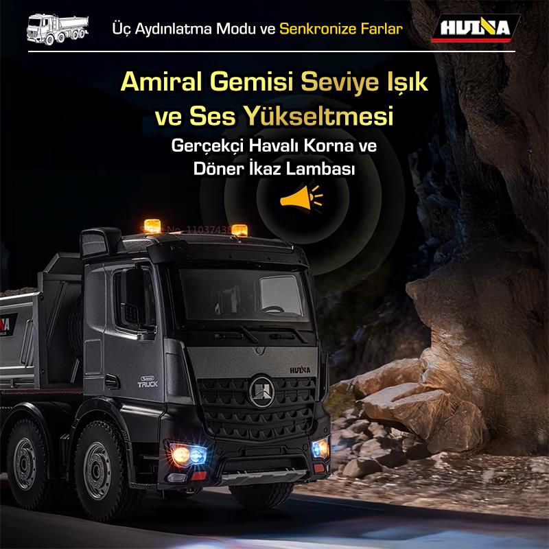 HUINA 1536 PRO 1/14 8x4 13CH Profesyonel RC Uzaktan Kumandalı İş Makinesi Metal Damperli Kamyon İnşaat Aracı Dump Truck - Sesli ve Işıklı