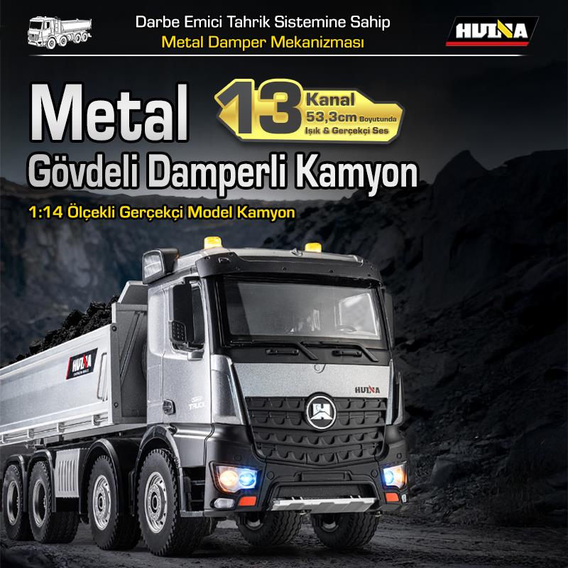 HUINA 1536 PRO 1/14 8x4 13CH Profesyonel RC Uzaktan Kumandalı İş Makinesi Metal Damperli Kamyon İnşaat Aracı Dump Truck - Sesli ve Işıklı