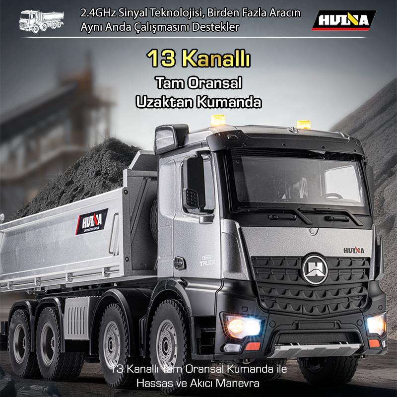 HUINA 1536 PRO 1/14 8x4 13CH Profesyonel RC Uzaktan Kumandalı İş Makinesi Metal Damperli Kamyon İnşaat Aracı Dump Truck - Sesli ve Işıklı