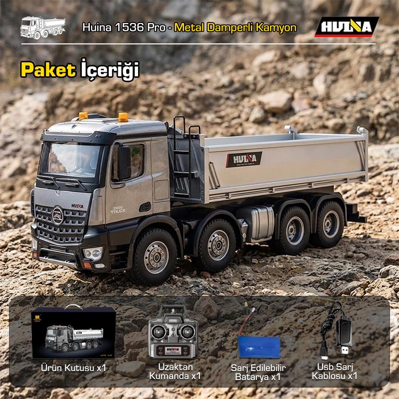 HUINA 1536 PRO 1/14 8x4 13CH Profesyonel RC Uzaktan Kumandalı İş Makinesi Metal Damperli Kamyon İnşaat Aracı Dump Truck - Sesli ve Işıklı