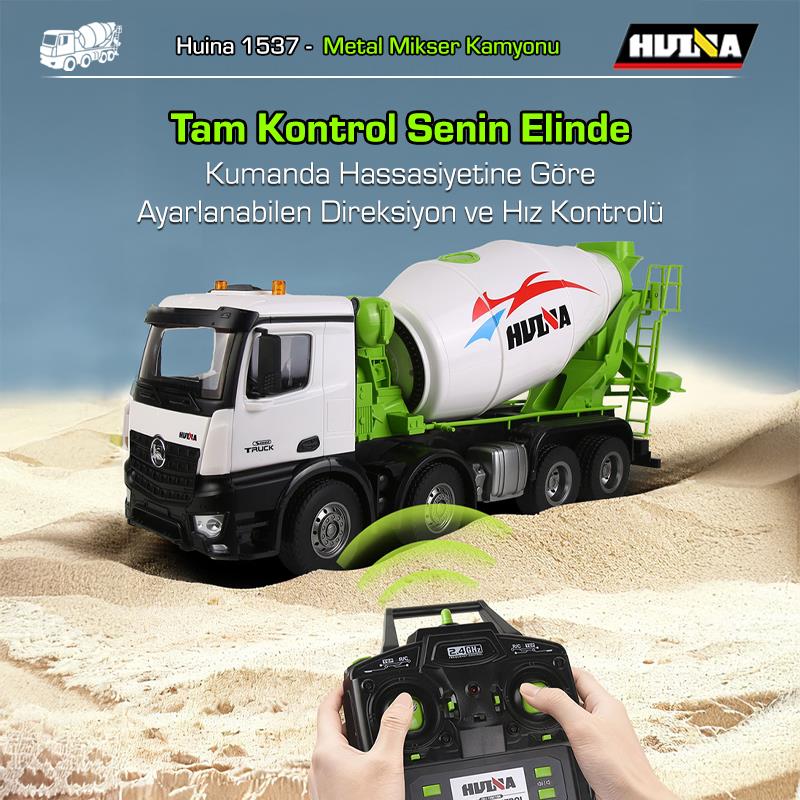 HUINA 1537 1/14 12CH Profesyonel RC Uzaktan Kumandalı İş Makinesi Metal Beton Mikser Çimento Kamyonu İnşaat Aracı Mixer Truck - Sesli ve Işıklı