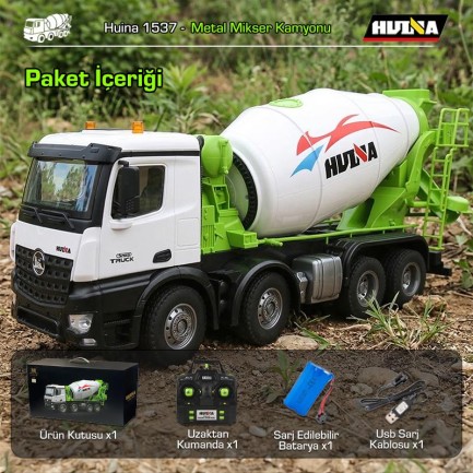 HUINA 1537 1/14 12CH Profesyonel RC Uzaktan Kumandalı İş Makinesi Metal Beton Mikser Çimento Kamyonu İnşaat Aracı Mixer Truck - Sesli ve Işıklı - Thumbnail
