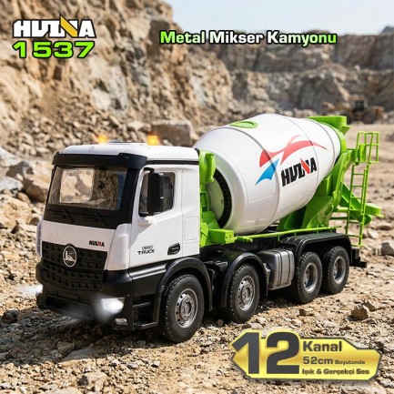 HUINA - HUINA 1537 1/14 12CH Profesyonel RC Uzaktan Kumandalı İş Makinesi Metal Beton Mikser Çimento Kamyonu İnşaat Aracı Mixer Truck - Sesli ve Işıklı