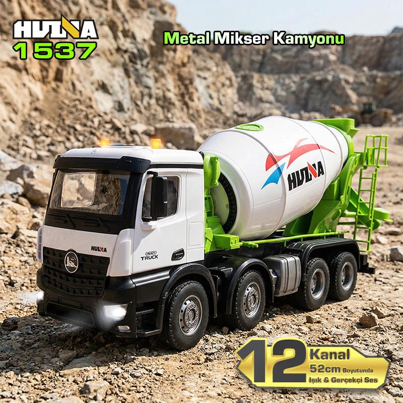 HUINA 1537 1/14 12CH Profesyonel RC Uzaktan Kumandalı İş Makinesi Metal Beton Mikser Çimento Kamyonu İnşaat Aracı Mixer Truck - Sesli ve Işıklı