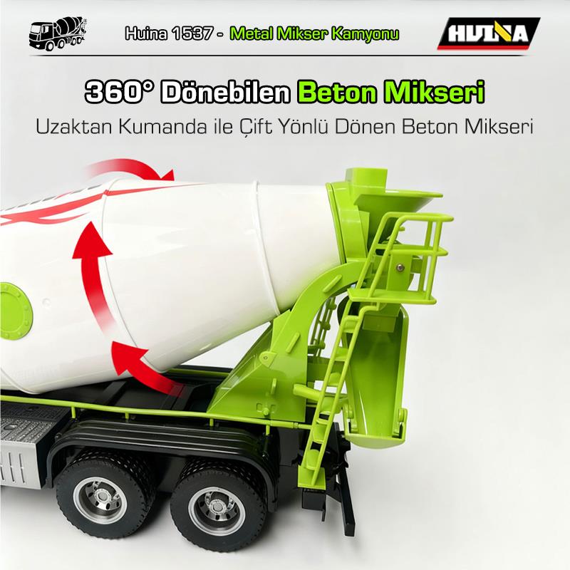 HUINA 1537 1/14 12CH Profesyonel RC Uzaktan Kumandalı İş Makinesi Metal Beton Mikser Çimento Kamyonu İnşaat Aracı Mixer Truck - Sesli ve Işıklı