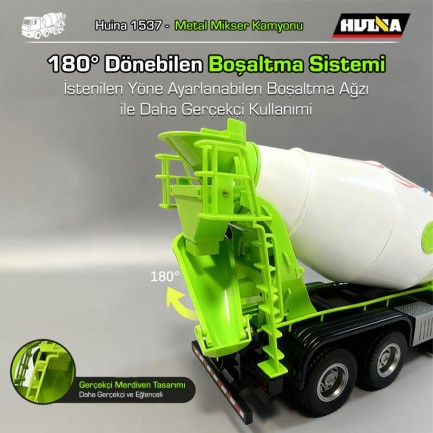 HUINA 1537 1/14 12CH Profesyonel RC Uzaktan Kumandalı İş Makinesi Metal Beton Mikser Çimento Kamyonu İnşaat Aracı Mixer Truck - Sesli ve Işıklı - Thumbnail