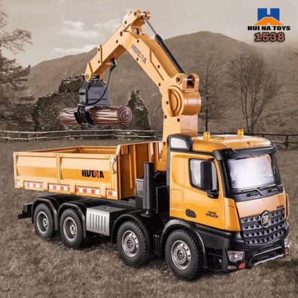 HUINA - HUINA 1538 1/14 26CH 8x4 Damperli Kamyon RC Kumandalı İş Makinesi 3 Farklı Tutma Kollu Kepçeli RC Model Kereste Kamyonu - 2.4G Full Fonksiyon Sesli&Işıklı