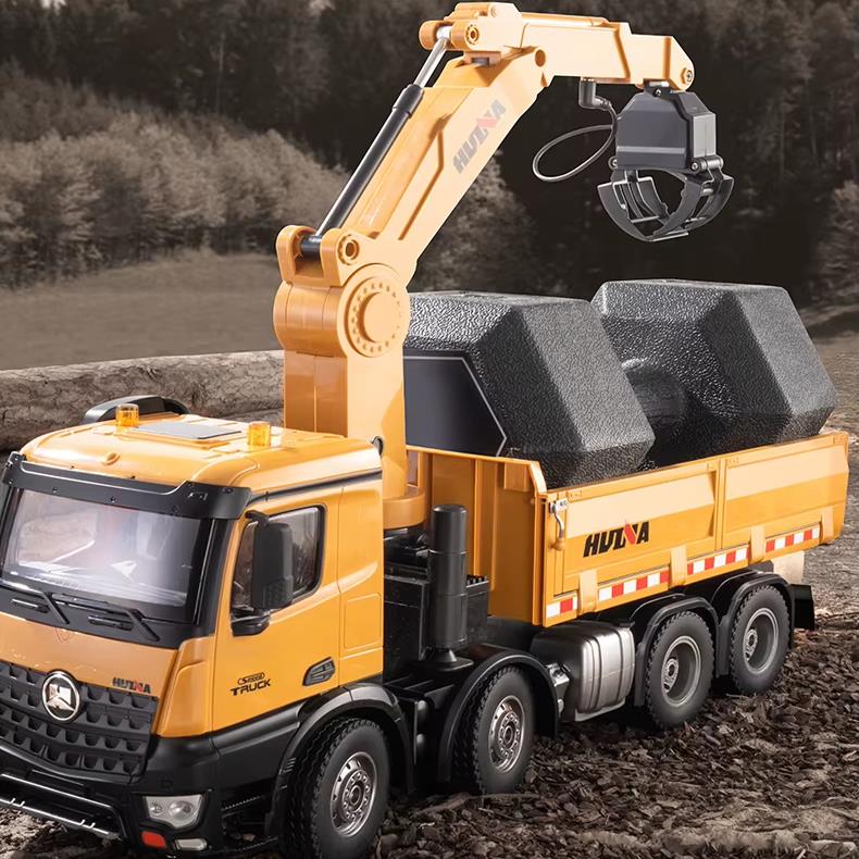 HUINA 1538 1/14 26CH 8x4 Profesyonel RC Uzaktan Kumandalı İş Makinesi Metal Damperli Kamyon 3 Farklı Tutma Kollu Kepçeli Kereste Taşıma Kamyonu İnşaat Aracı Dump Truck - Sesli ve Işıklı