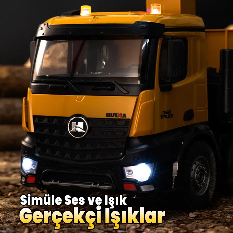 HUINA 1538 1/14 26CH 8x4 Profesyonel RC Uzaktan Kumandalı İş Makinesi Metal Damperli Kamyon 3 Farklı Tutma Kollu Kepçeli Kereste Taşıma Kamyonu İnşaat Aracı Dump Truck - Sesli ve Işıklı