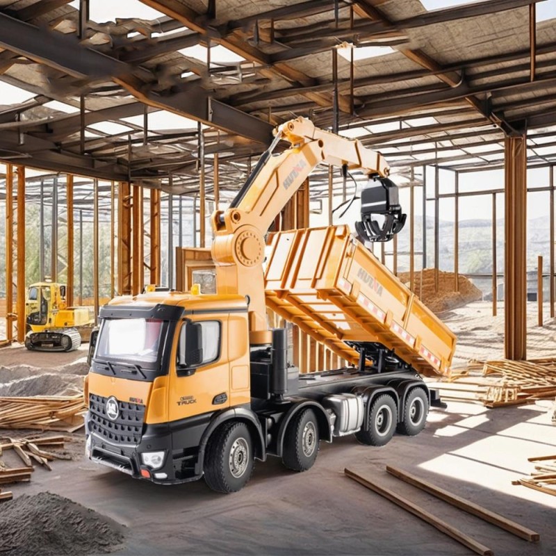 HUINA 1538 1/14 26CH 8x4 Profesyonel RC Uzaktan Kumandalı İş Makinesi Metal Damperli Kamyon 3 Farklı Tutma Kollu Kepçeli Kereste Taşıma Kamyonu İnşaat Aracı Dump Truck - Sesli ve Işıklı