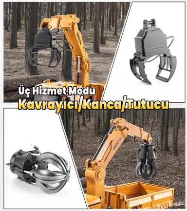 HUINA 1538 1/14 26CH 8x4 Profesyonel RC Uzaktan Kumandalı İş Makinesi Metal Damperli Kamyon 3 Farklı Tutma Kollu Kepçeli Kereste Taşıma Kamyonu İnşaat Aracı Dump Truck - Sesli ve Işıklı - Thumbnail