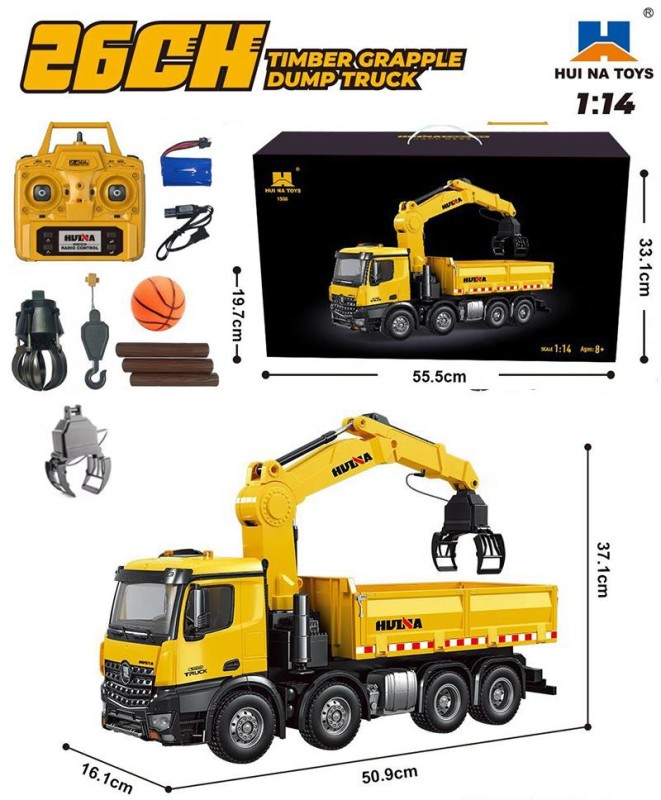 HUINA 1538 1/14 26CH 8x4 Profesyonel RC Uzaktan Kumandalı İş Makinesi Metal Damperli Kamyon 3 Farklı Tutma Kollu Kepçeli Kereste Taşıma Kamyonu İnşaat Aracı Dump Truck - Sesli ve Işıklı