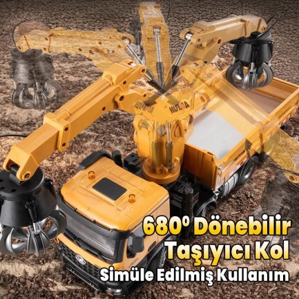 HUINA 1538 1/14 26CH 8x4 Profesyonel RC Uzaktan Kumandalı İş Makinesi Metal Damperli Kamyon 3 Farklı Tutma Kollu Kepçeli Kereste Taşıma Kamyonu İnşaat Aracı Dump Truck - Sesli ve Işıklı - Thumbnail