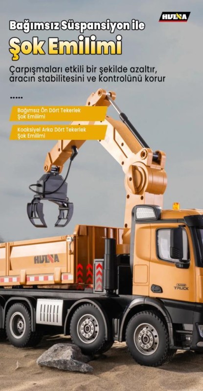 HUINA 1538 1/14 26CH 8x4 Profesyonel RC Uzaktan Kumandalı İş Makinesi Metal Damperli Kamyon 3 Farklı Tutma Kollu Kepçeli Kereste Taşıma Kamyonu İnşaat Aracı Dump Truck - Sesli ve Işıklı
