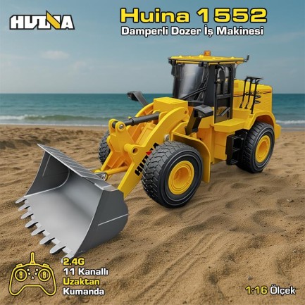 HUINA - HUINA 1552 1/16 11CH RC Wheel Loader Damper Dozer Kamyon İş Makinesi Kazıcı Uzaktan Kumandalı RC Model Metal Kepçeli -2.4G Gerçekçi Similasyon Ses ve Işık Sistemi