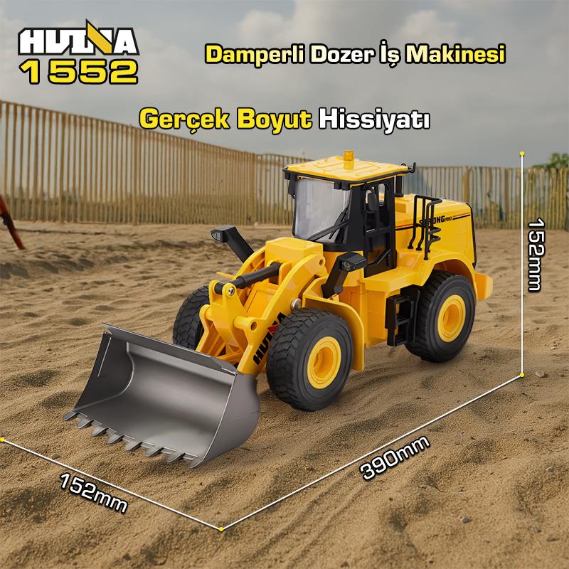 HUINA 1552 1/16 11CH RC Wheel Loader Damper Dozer Kamyon İş Makinesi Kazıcı İnşaat Uzaktan Kumandalı RC Model Metal Kepçeli -2.4G Gerçekçi Similasyon Ses ve Işık Sistemi