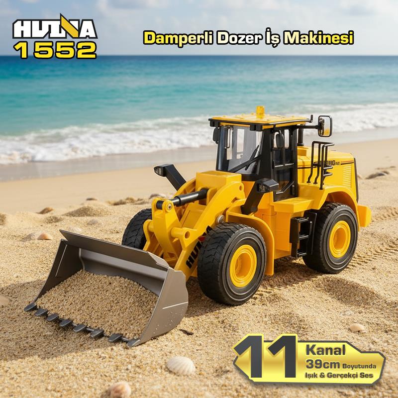 HUINA 1552 1/16 11CH RC Wheel Loader Damper Dozer Kamyon İş Makinesi Kazıcı İnşaat Uzaktan Kumandalı RC Model Metal Kepçeli -2.4G Gerçekçi Similasyon Ses ve Işık Sistemi