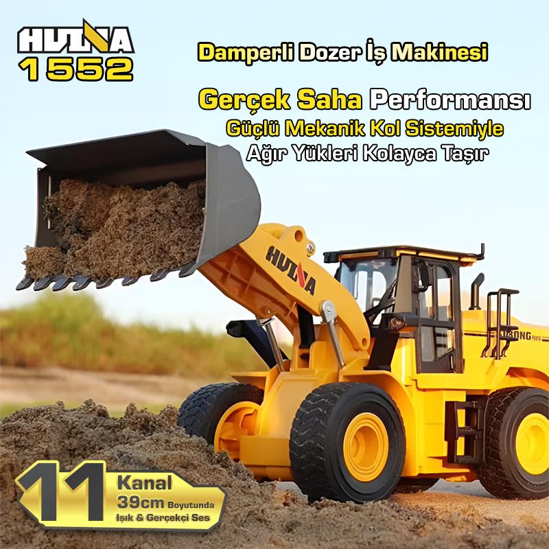 HUINA 1552 1/16 11CH RC Wheel Loader Damper Dozer Kamyon İş Makinesi Kazıcı İnşaat Uzaktan Kumandalı RC Model Metal Kepçeli -2.4G Gerçekçi Similasyon Ses ve Işık Sistemi