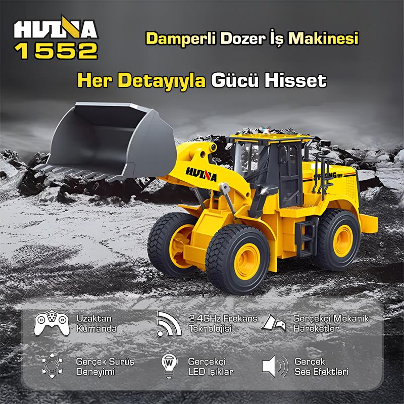 HUINA 1552 1/16 11CH RC Wheel Loader Damper Dozer Kamyon İş Makinesi Kazıcı İnşaat Uzaktan Kumandalı RC Model Metal Kepçeli -2.4G Gerçekçi Similasyon Ses ve Işık Sistemi