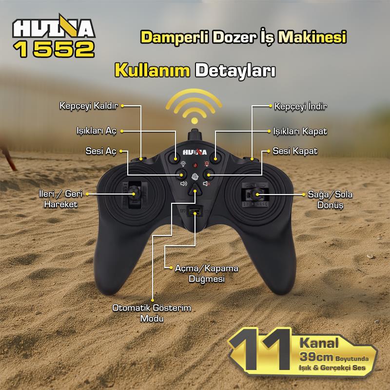 HUINA 1552 1/16 11CH RC Wheel Loader Damper Dozer Kamyon İş Makinesi Kazıcı İnşaat Uzaktan Kumandalı RC Model Metal Kepçeli -2.4G Gerçekçi Similasyon Ses ve Işık Sistemi
