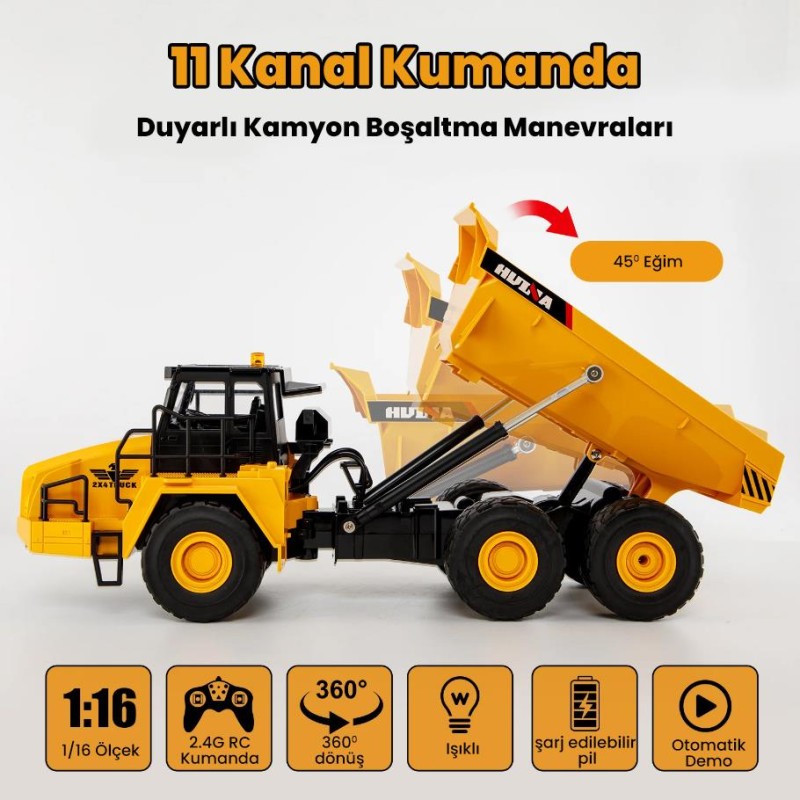 HUINA 1553 1/16 Yüksek Kalite 11CH RC Model Damperli Kamyon Uzaktan Kumandalı Çok Fonksiyonlu İş Makinesi -2.4G Sesli&Işıklı