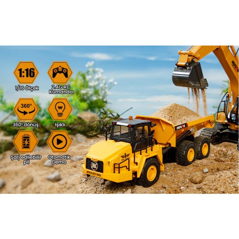 HUINA 1553 1/16 Yüksek Kalite 11CH RC Model Damperli Kamyon Uzaktan Kumandalı Çok Fonksiyonlu İş Makinesi -2.4G Sesli&Işıklı