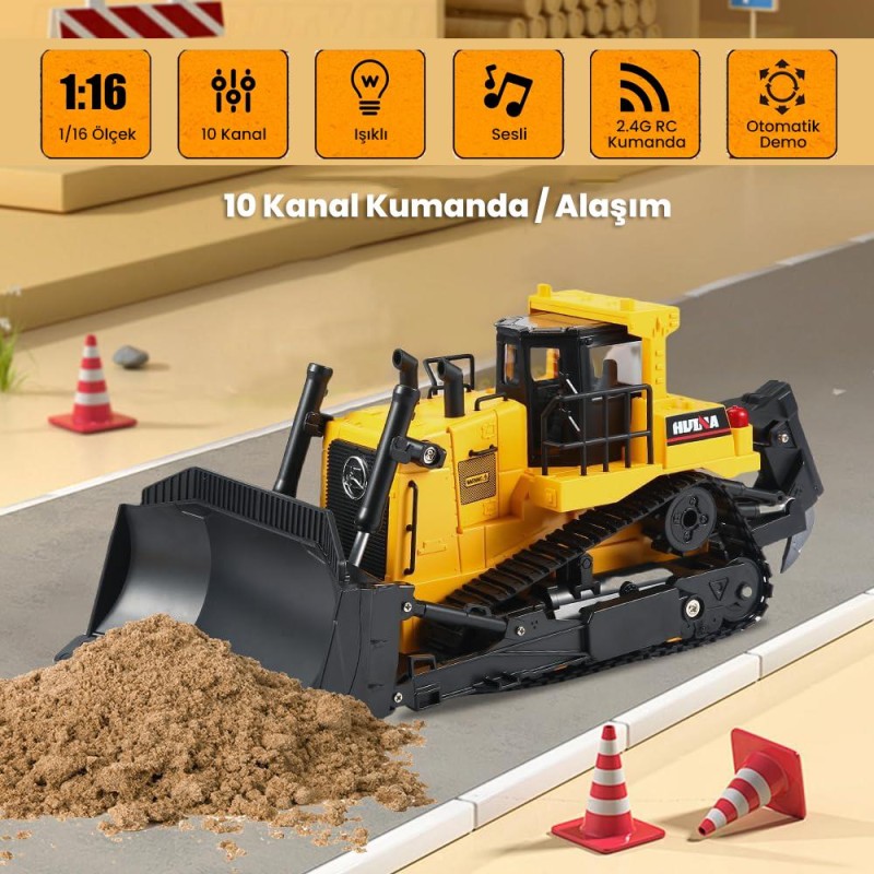 HUINA 1554 1/16 Yüksek Kalite 11CH RC Model Caterpillar Buldozer Paletli Metal Kepçe Kazıcı Uzaktan Kumandalı İş Makinesi -2.4G Sesli ve Işıklı