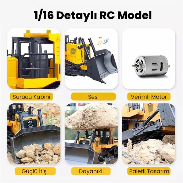 HUINA 1554 1/16 Yüksek Kalite 11CH RC Model Caterpillar Buldozer Paletli Metal Kepçe Kazıcı Uzaktan Kumandalı İş Makinesi -2.4G Sesli ve Işıklı