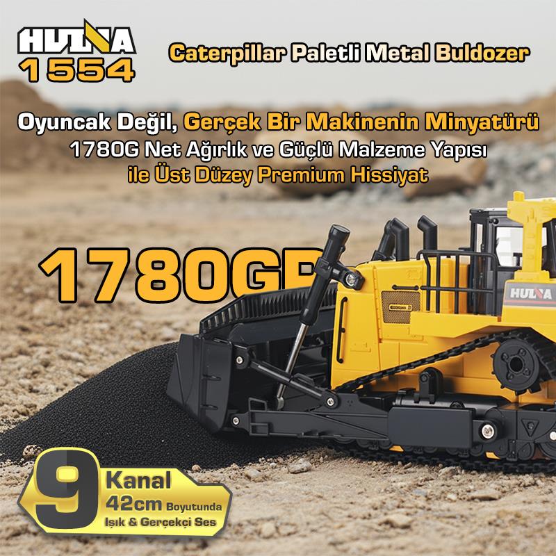 HUINA 1554 1/16 Yüksek Kalite 11CH RC Model Caterpillar Buldozer Paletli Metal Kepçe Kazıcı Uzaktan Kumandalı İş Makinesi -2.4G Sesli ve Işıklı