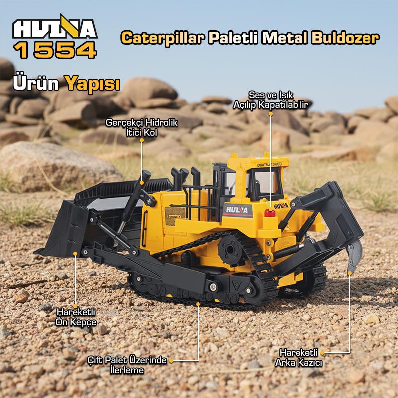 HUINA 1554 1/16 Yüksek Kalite 11CH RC Model Caterpillar Buldozer Paletli Metal Kepçe Kazıcı Uzaktan Kumandalı İş Makinesi -2.4G Sesli ve Işıklı