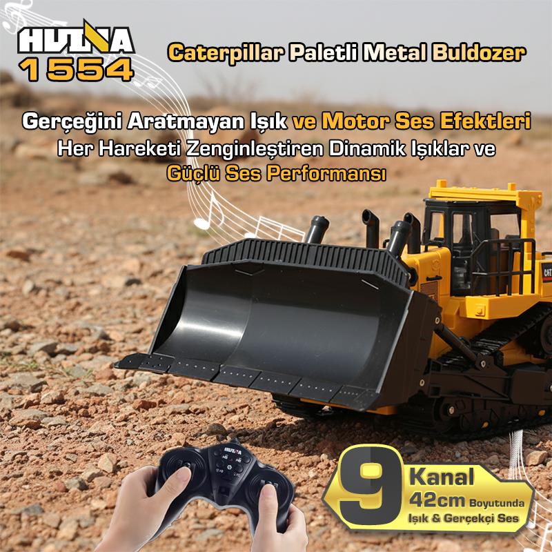 HUINA 1554 1/16 Yüksek Kalite 11CH RC Model Caterpillar Buldozer Paletli Metal Kepçe Kazıcı Uzaktan Kumandalı İş Makinesi -2.4G Sesli ve Işıklı