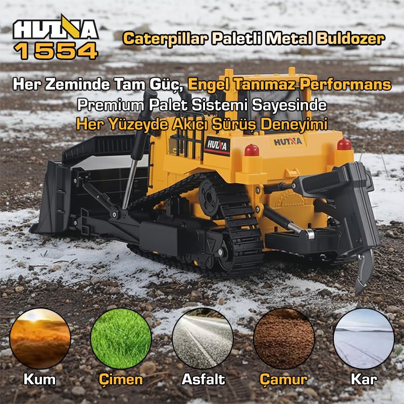 HUINA 1554 1/16 Yüksek Kalite 11CH RC Model Caterpillar Buldozer Paletli Metal Kepçe Kazıcı Uzaktan Kumandalı İş Makinesi -2.4G Sesli ve Işıklı