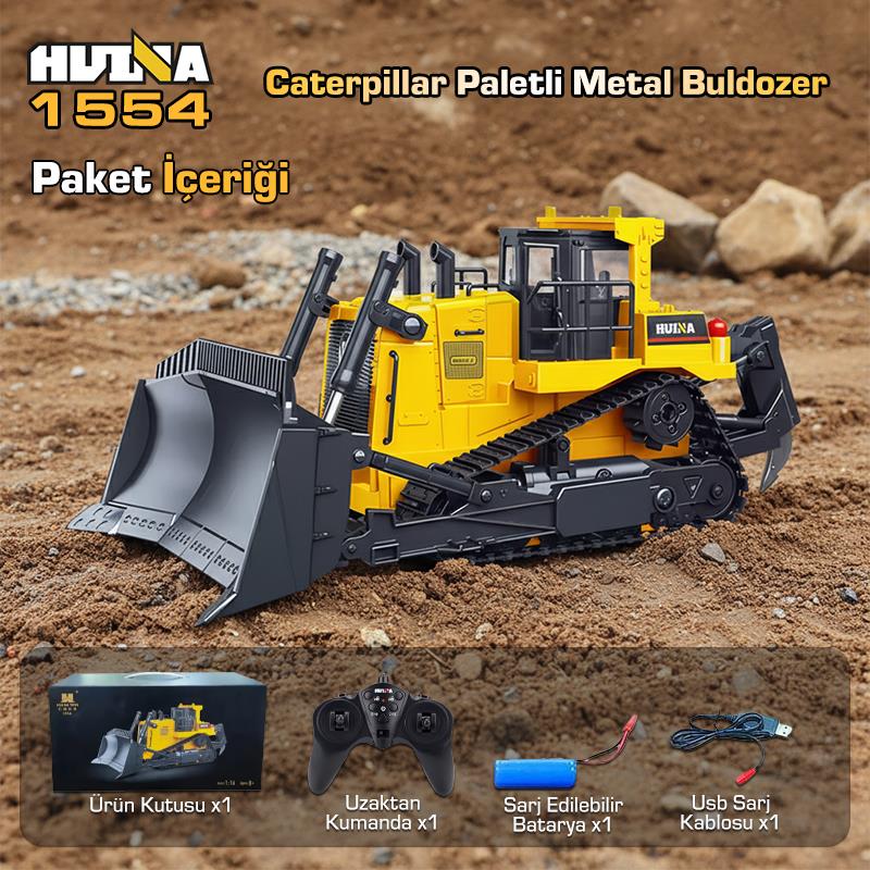 HUINA 1554 1/16 Yüksek Kalite 11CH RC Model Caterpillar Buldozer Paletli Metal Kepçe Kazıcı Uzaktan Kumandalı İş Makinesi -2.4G Sesli ve Işıklı