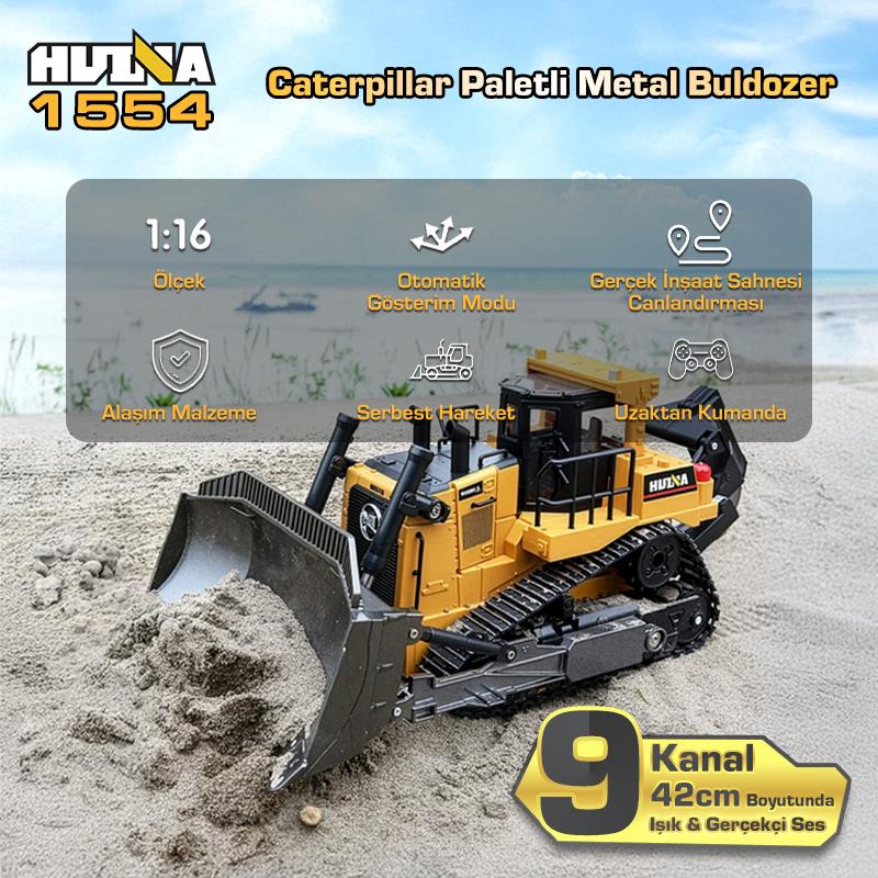 HUINA 1554 1/16 Yüksek Kalite 11CH RC Model Caterpillar Buldozer Paletli Metal Kepçe Kazıcı Uzaktan Kumandalı İş Makinesi -2.4G Sesli ve Işıklı