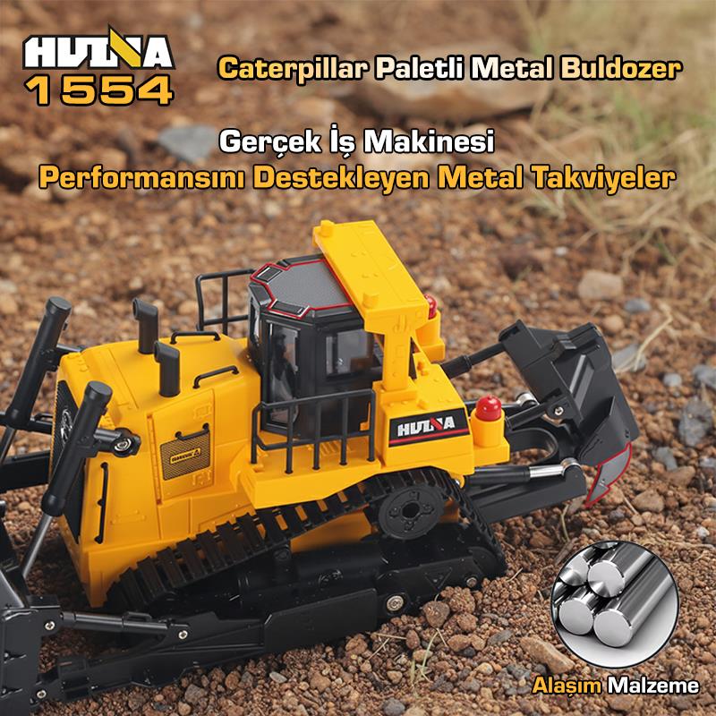 HUINA 1554 1/16 Yüksek Kalite 11CH RC Model Caterpillar Buldozer Paletli Metal Kepçe Kazıcı Uzaktan Kumandalı İş Makinesi -2.4G Sesli ve Işıklı