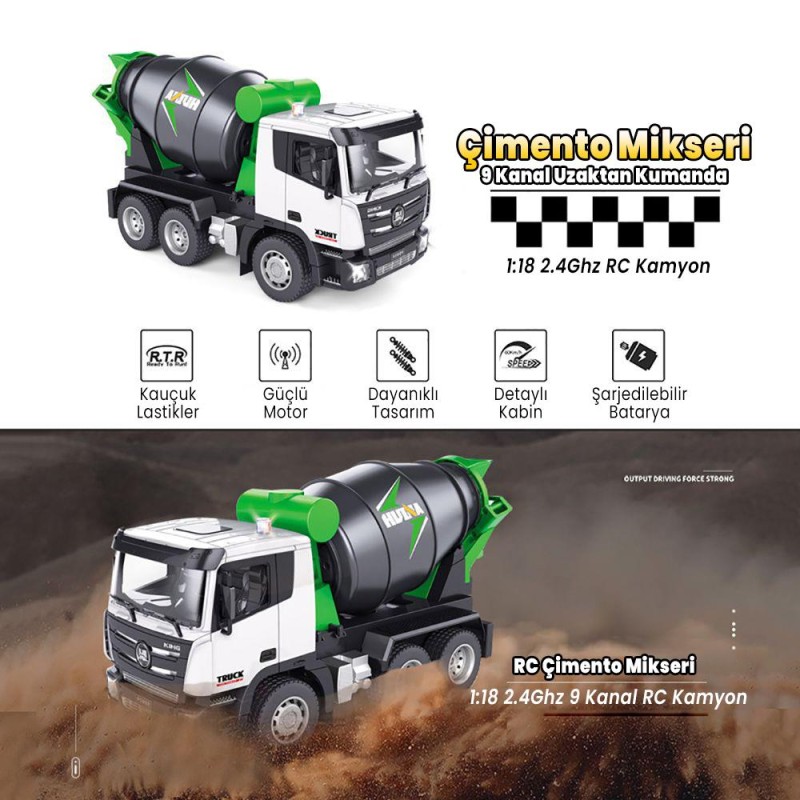 HUINA 1557 1/18 9CH RC Model Çimento Mikseri Kamyon Uzaktan Kumandalı İş Makinası - 2.4G Full Fonksiyon Sesli ve Işıklı