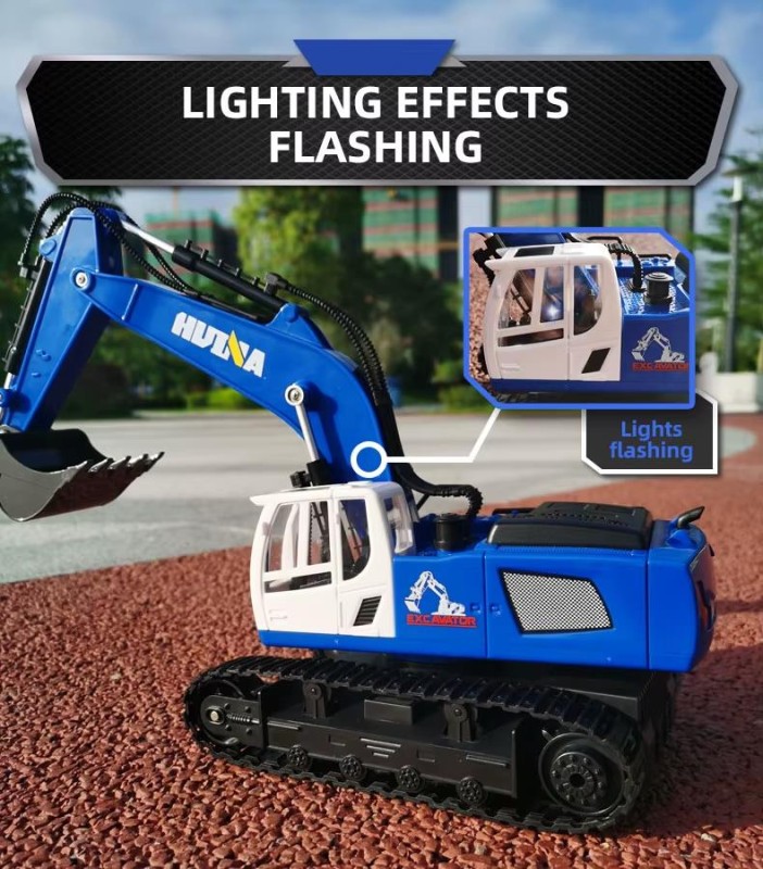 HUINA 1558 1/18 11CH RC Model Ekskavatör Kazıcı Uzaktan Kumandali Çok Fonksiyonlu İş Makinası Mavi - 2.4G Sesli & Işıklı
