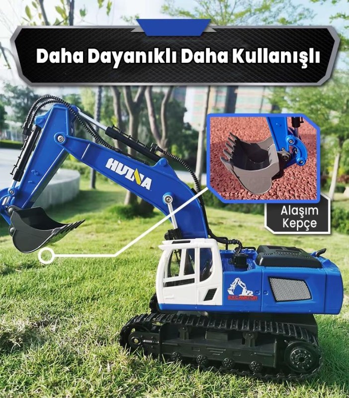 HUINA 1558 1/18 11CH RC Model Ekskavatör Kazıcı Uzaktan Kumandali Çok Fonksiyonlu İş Makinası Mavi - 2.4G Sesli & Işıklı