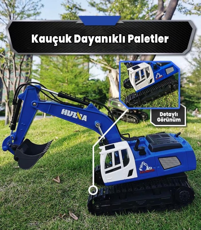 HUINA 1558 1/18 11CH RC Model Ekskavatör Kazıcı Uzaktan Kumandali Çok Fonksiyonlu İş Makinası Mavi - 2.4G Sesli & Işıklı