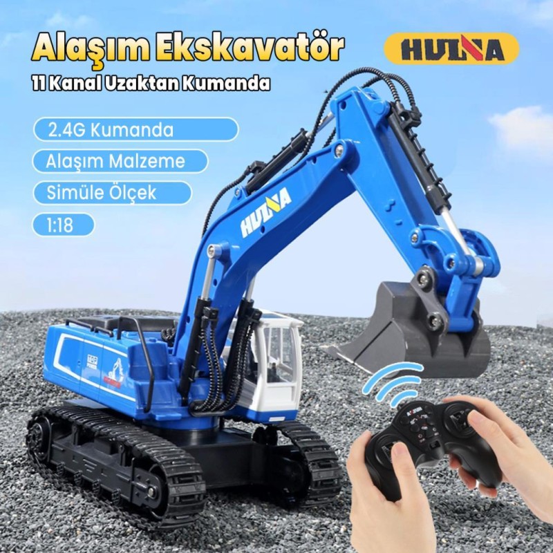 HUINA 1558 1/18 11CH RC Model Ekskavatör Kazıcı Uzaktan Kumandali Çok Fonksiyonlu İş Makinası Mavi - 2.4G Sesli & Işıklı
