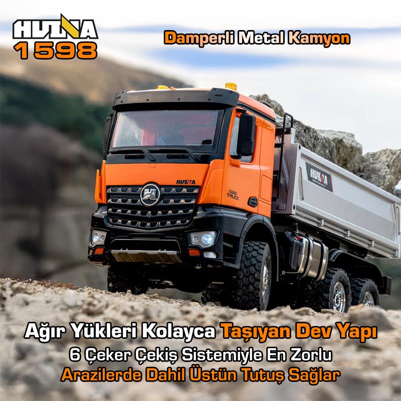 HUINA 1598 1/14 14CH 6x6 FULL METAL RC RC Model Profesyonel Uzaktan Kumandalı Damperli Kamyon İş Makinası - 2.4G Full Fonksiyon Sesli ve Işıklı