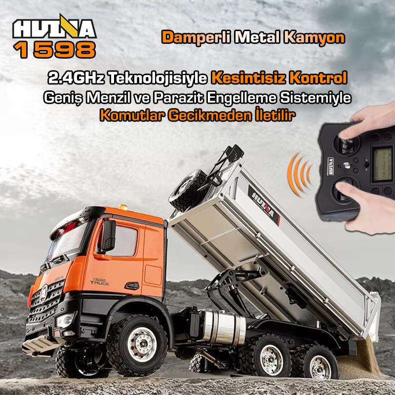 HUINA 1598 1/14 14CH 6x6 FULL METAL RC RC Model Profesyonel Uzaktan Kumandalı Damperli Kamyon İş Makinası - 2.4G Full Fonksiyon Sesli ve Işıklı