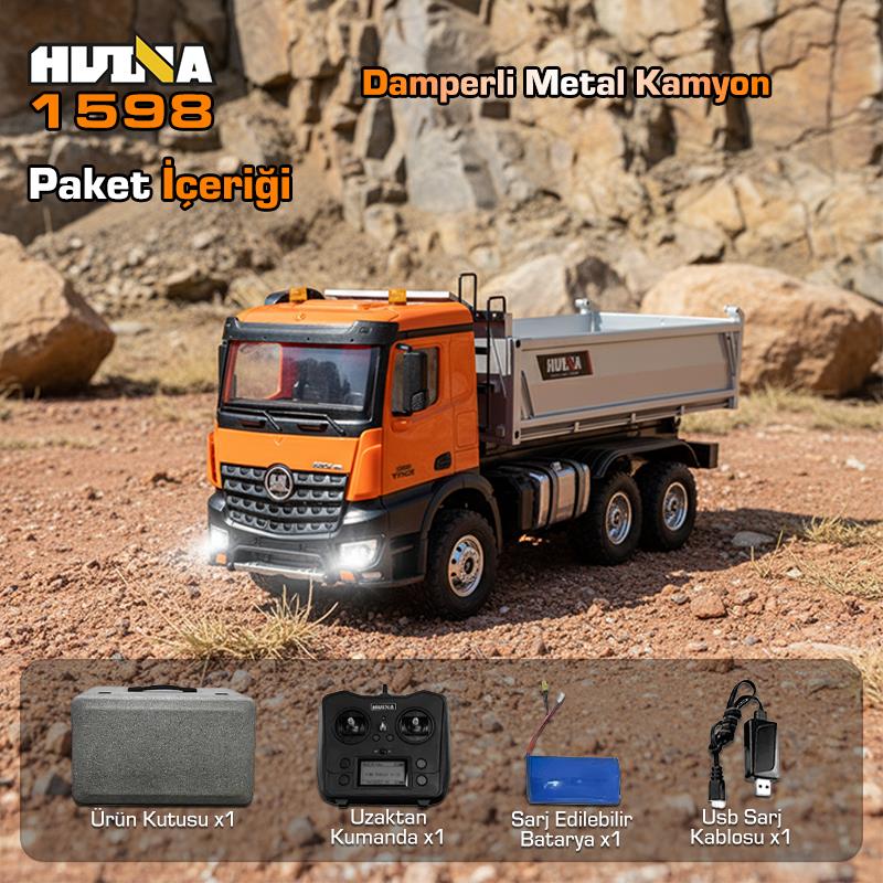 HUINA 1598 1/14 14CH 6x6 FULL METAL RC RC Model Profesyonel Uzaktan Kumandalı Damperli Kamyon İş Makinası - 2.4G Full Fonksiyon Sesli ve Işıklı