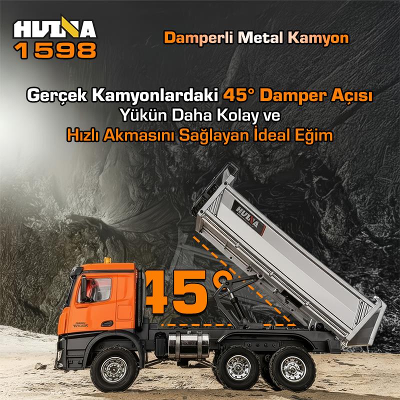 HUINA 1598 1/14 14CH 6x6 FULL METAL RC RC Model Profesyonel Uzaktan Kumandalı Damperli Kamyon İş Makinası - 2.4G Full Fonksiyon Sesli ve Işıklı